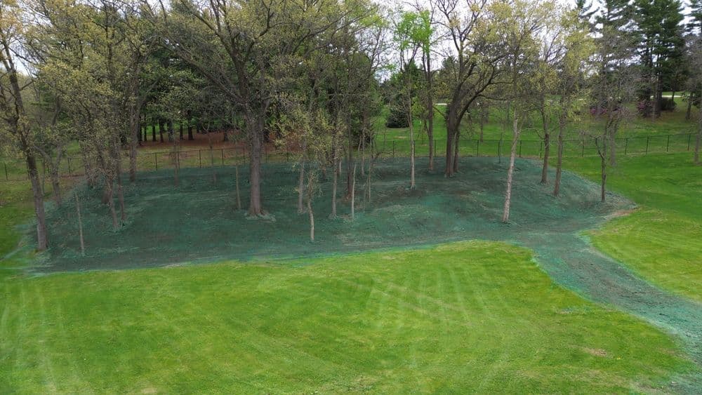 Aerial view of green-fenced wooded area on a lush lawn in early spring.
